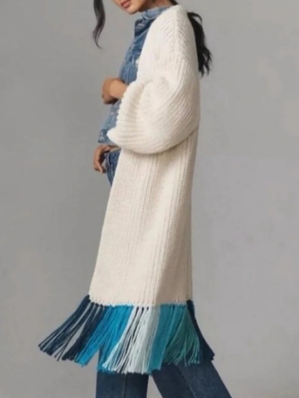 Anthropologie  Chunky Ivory Open-Front Cardigan with Blue Ombre Fringe